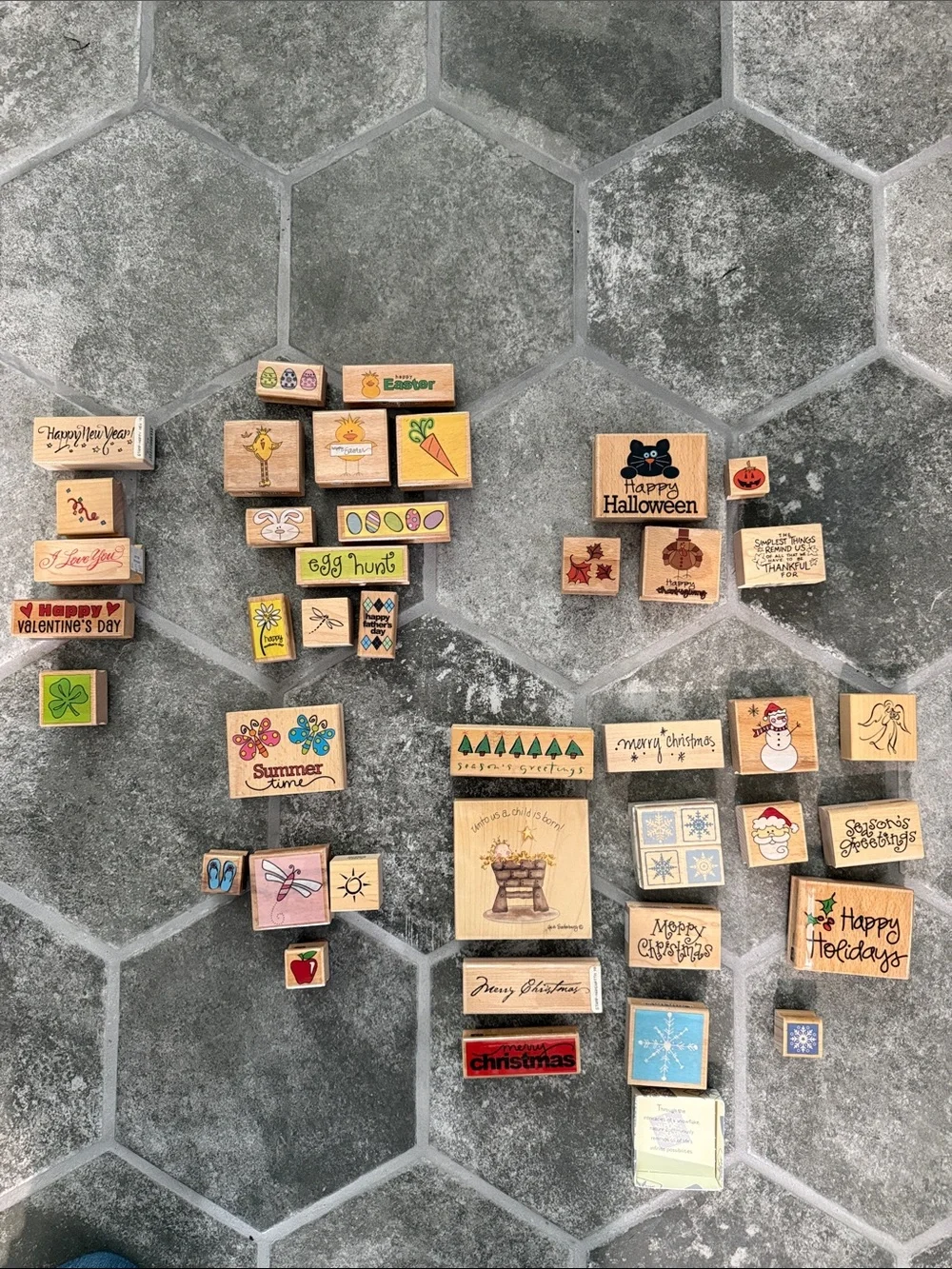 Giant Lot of 43 Mixed Holiday Wooden Rubber Stamps - Assorted Seasonal Designs